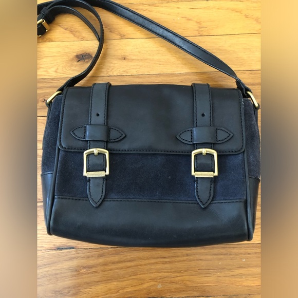 J.Crew Blue Suede and Black Leather Satchel Purse with Adjustable Shoulder Strap - Picture 1 of 17